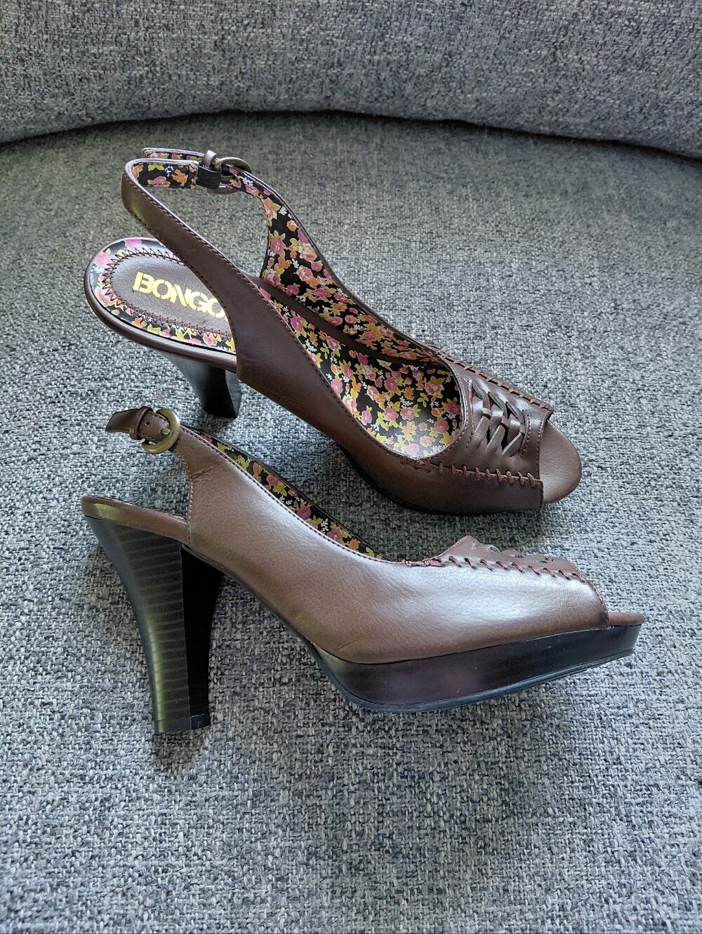 Y2K BONGO Brown Faux Leather Slingback Woven Peep Toe Heels Coquette Size 9 NWOT